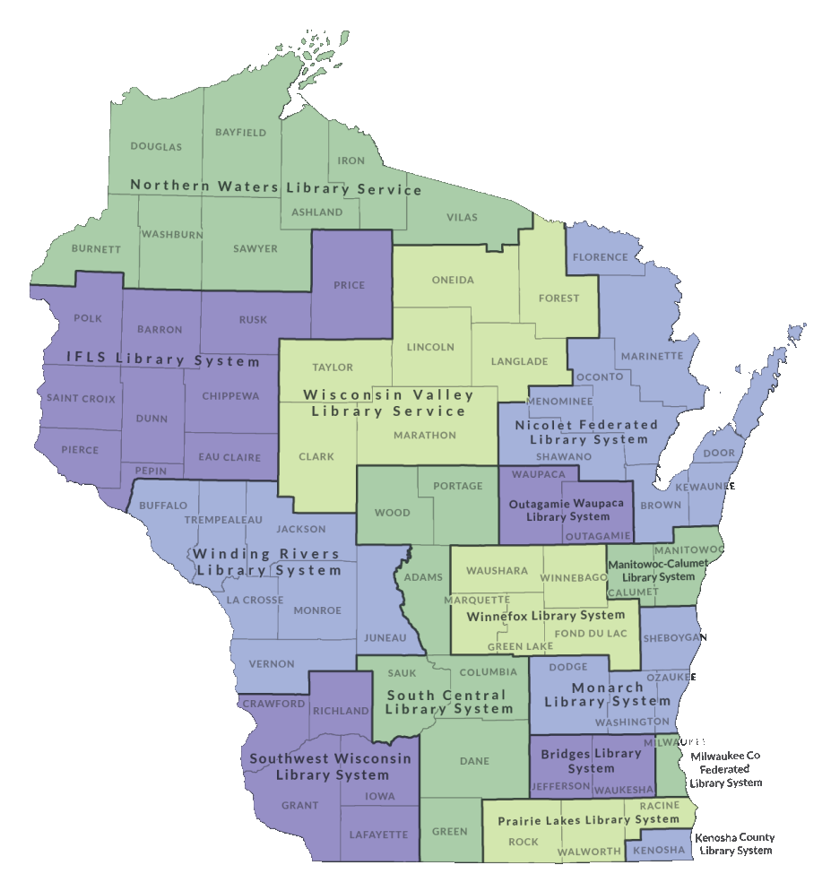 Map of Wisconsin outlining library system borders