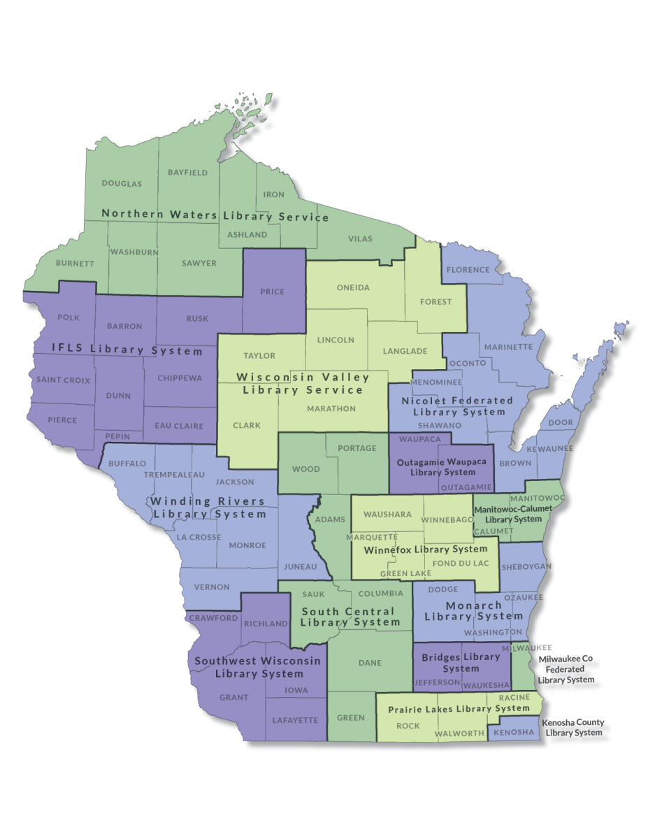 Map of Wisconsin outlining library system borders