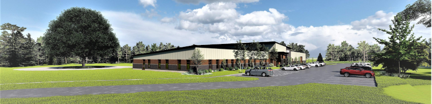 Exterior rendering of the SCLS new building, including oak tree
