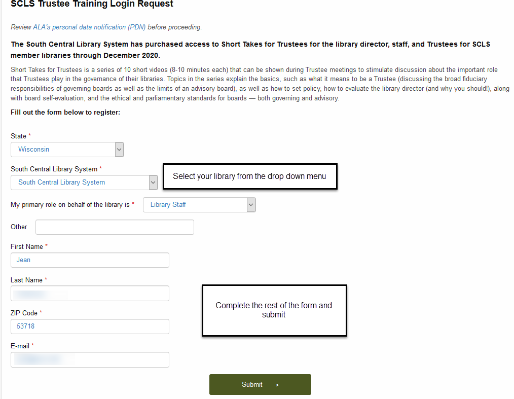 Form to receive login information to Short Takes for Trustees