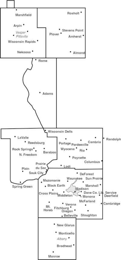 SCLS serves the counties of Adams, Columbia, Dane, Green, Portage, Sauk and Wood