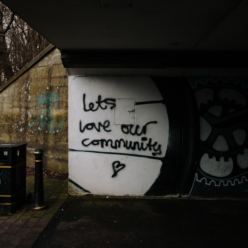 Photo of graffiti with the words Let's love our community